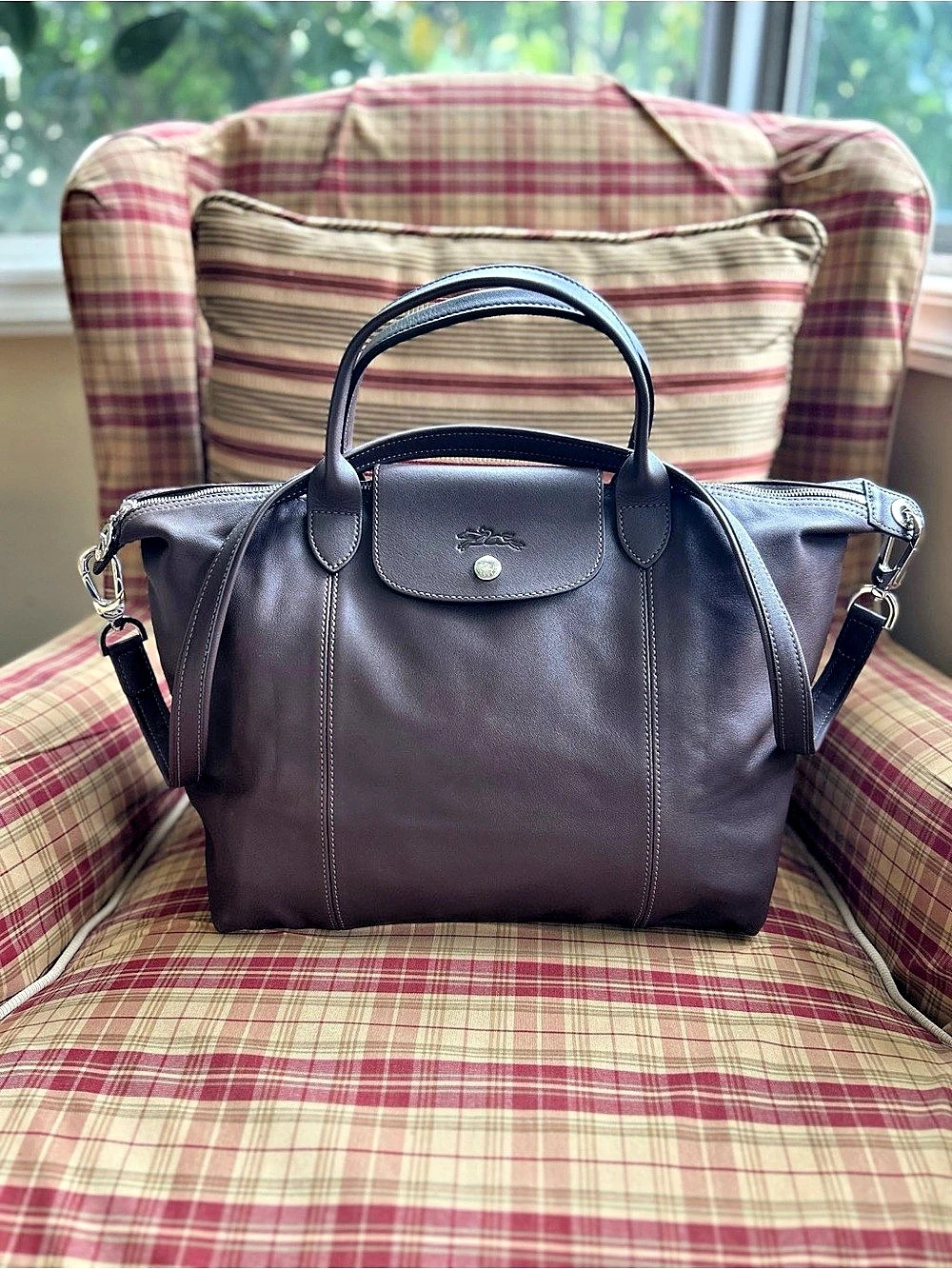 NWOT Longchamp Medium Le Pliage Cuir Leather Top Handle Terra/Dark Chocolate